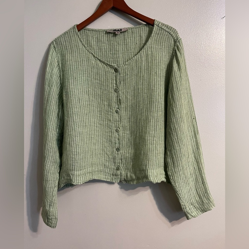FLAX Womens Green Textured 100% Linen Button Up Cardigan Boxy Green Size M